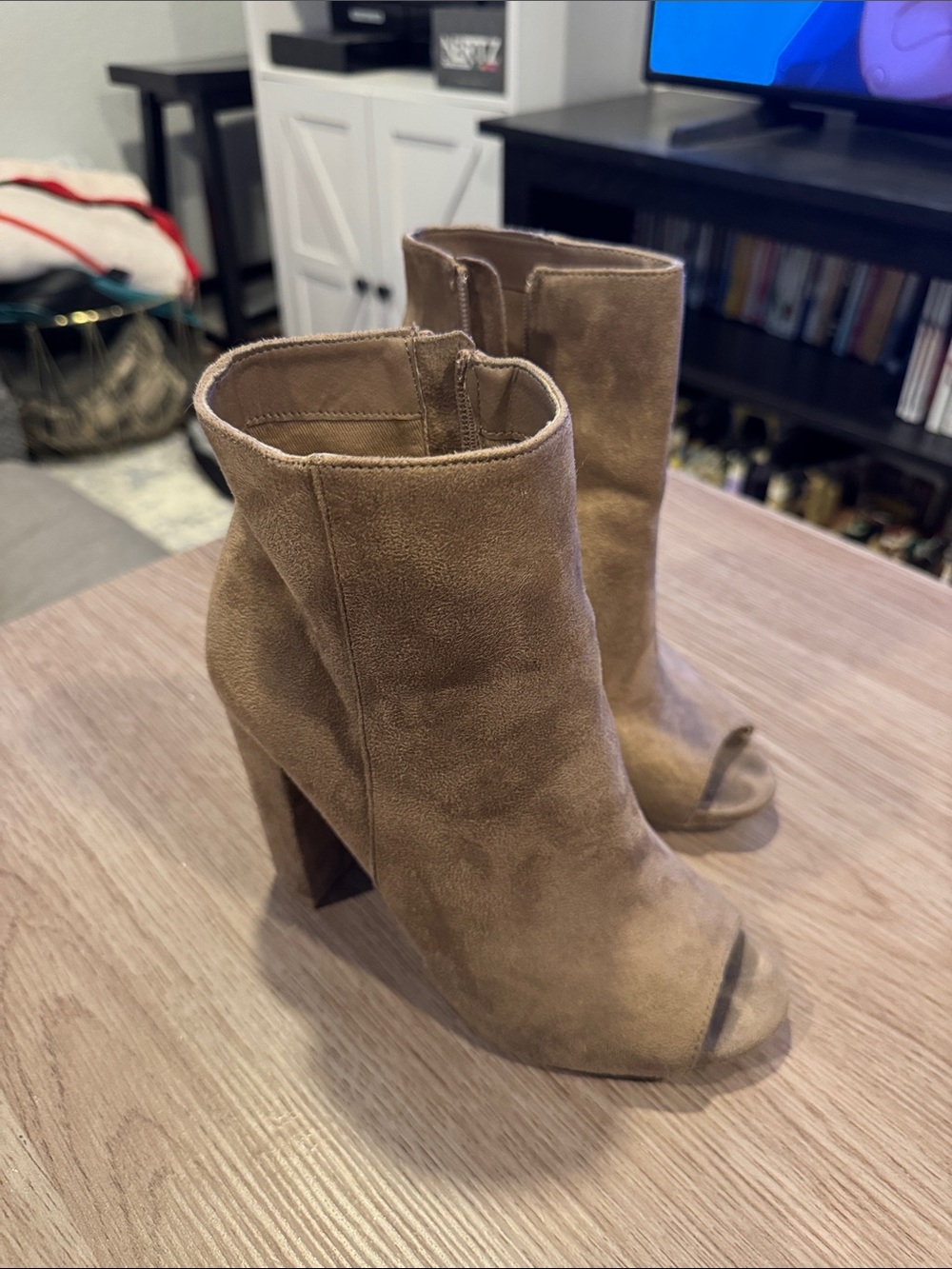 Wild Diva Tan Suede Peep-Toe Ankle Booties